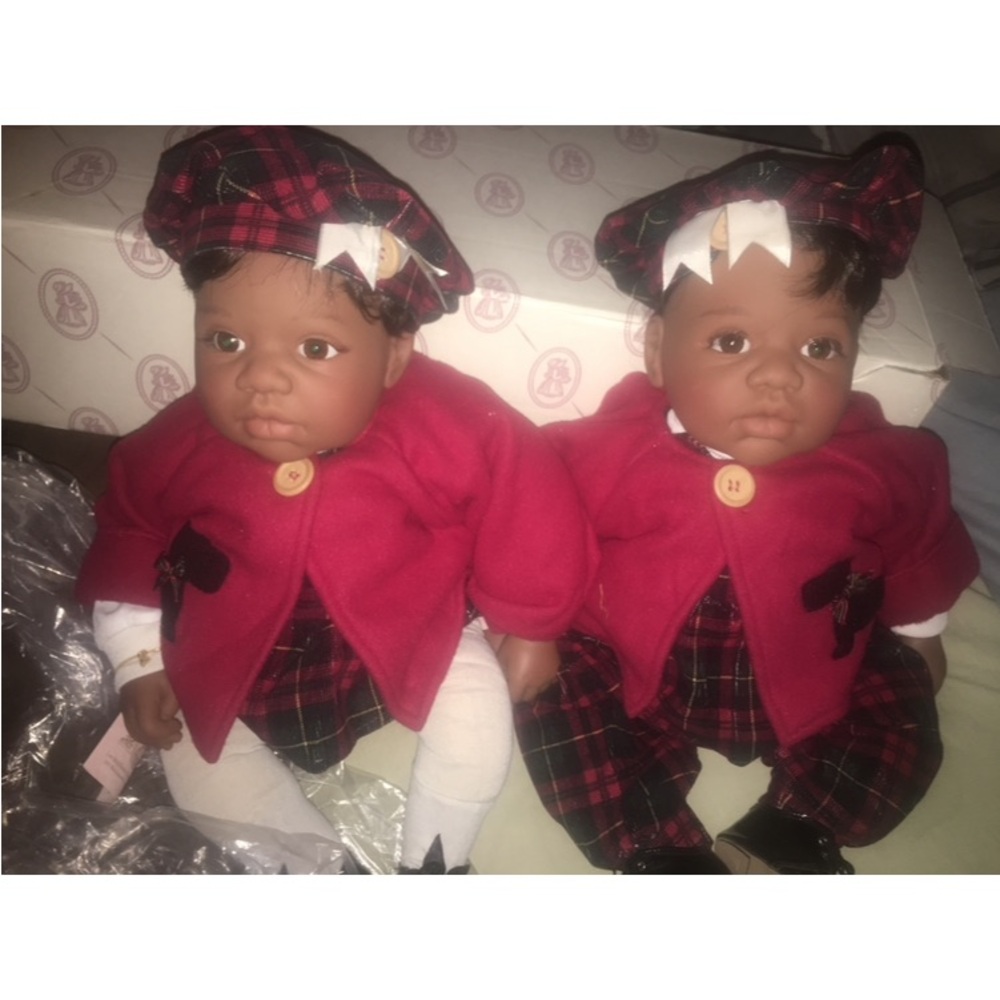 Charming Twin Dolls in Red Plaid Outfits